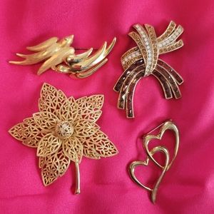 Four Pretty Brooches ~ Pins ~ Floral ~ Birds ~ Hearts ~ Rhinestones ~ Y2K ~ GUC